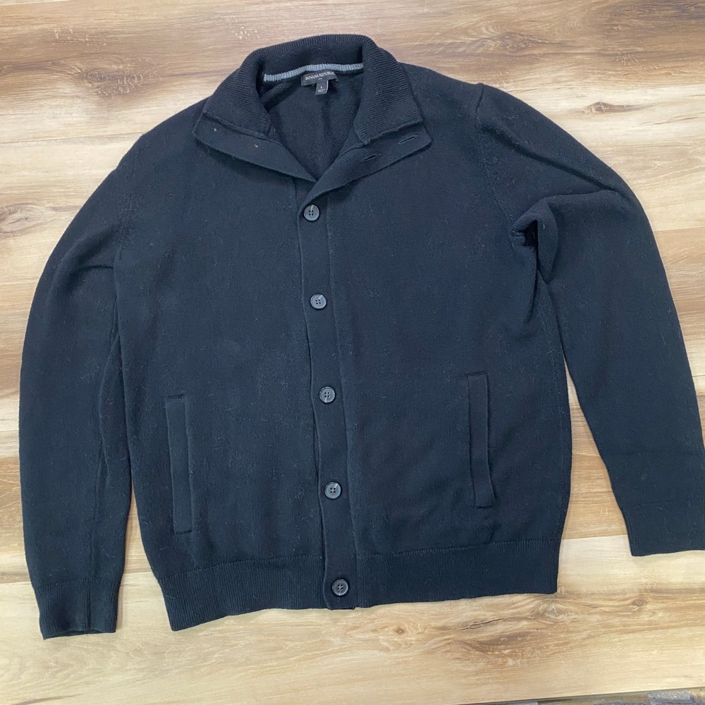 Banana Republic Cardigan Sweater Large Shawl Collar Cotton Wool Blend Black Mens